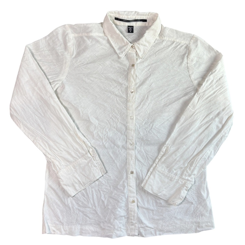 Isda & Co Womens Button Down Shirt M White 100% Linen Long Sleeve Coastal Chic
